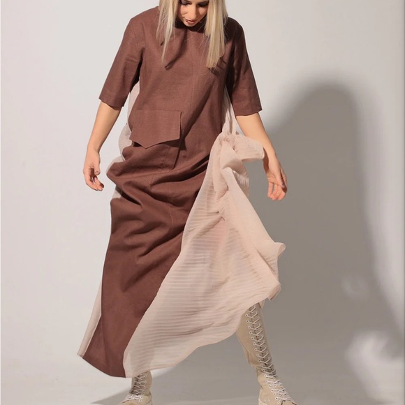 Adeptt Dresses & Skirts - ADEPTT LINEN MAXI DRESS WITH LARGE FRONT POCKETS AND SHEER CHIFFON SIDES MODERN